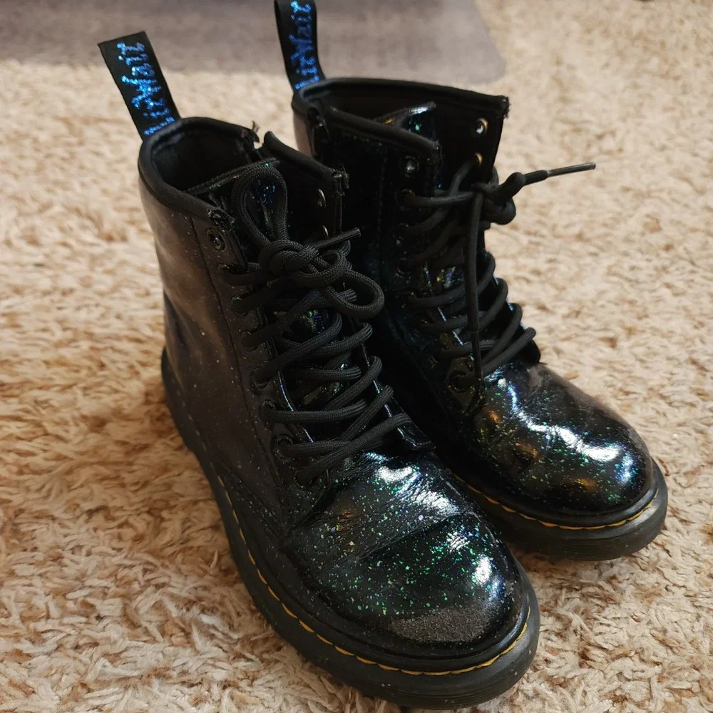 Dr. Martens 1460 Delaney Boots Kids 1 Black Green Blue Cosmic Glitter Zip Combat